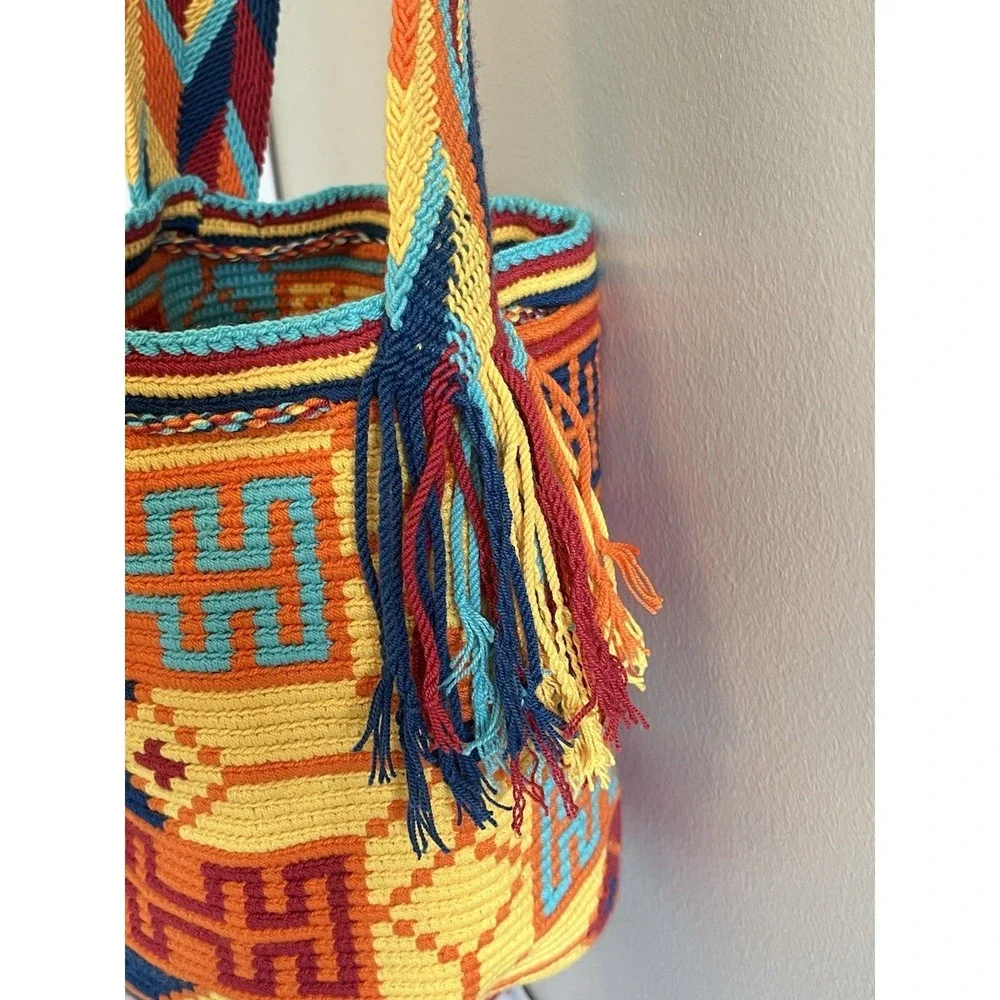Wayuu Mochila Bucket Bag Boho Colombia Rioacha Orange Yellow Blue Red Festival